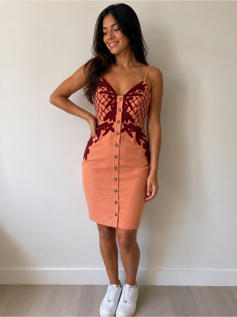 Peach Midi Dress with Rust Red Appliqué and Button Front